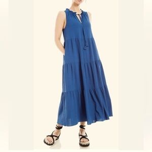 NWOT MAX STUDIO London Tie Neck  Tiered Maxi Dress w/ pockets, Blue, size small